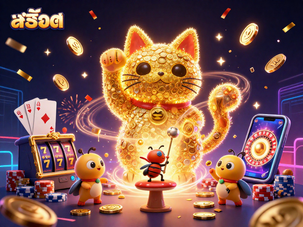 Experience thrilling สล็อต gameplay as the lucky cat symbol waves over casino gems and coins.