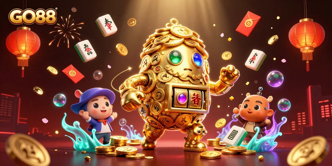 Experience GO88 gaming with an ancient golden golem amidst vibrant casino elements.