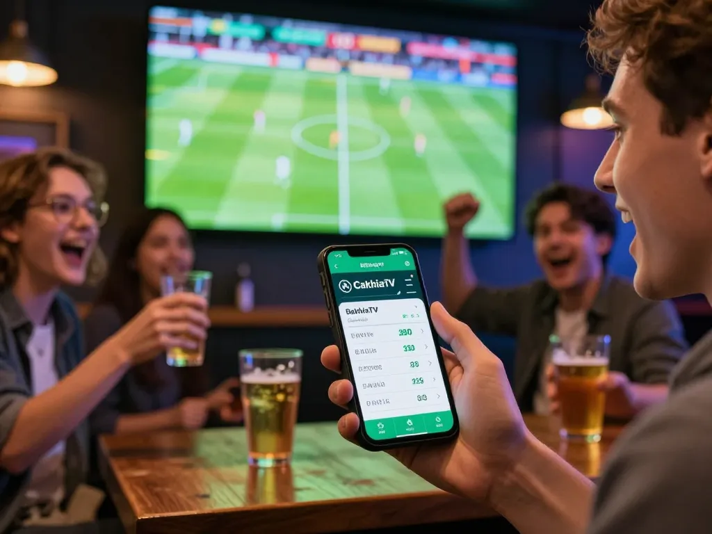 Person engaging in sports betting on CakhiaTV app while watching live football in a sports bar.