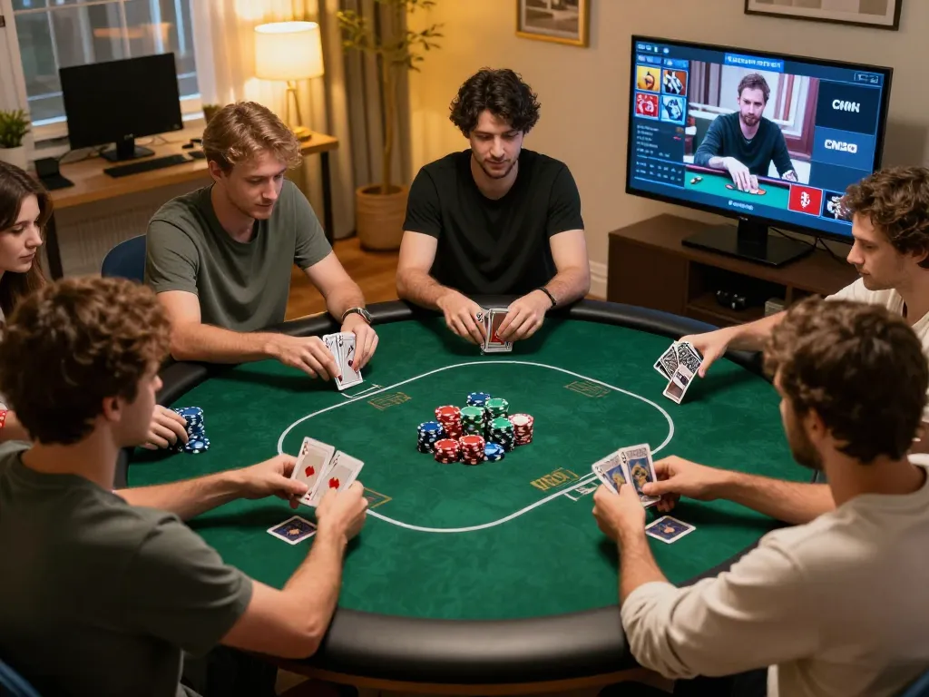 CM88 players strategizing in an exciting online poker game setup with warm lighting and vibrant chips.