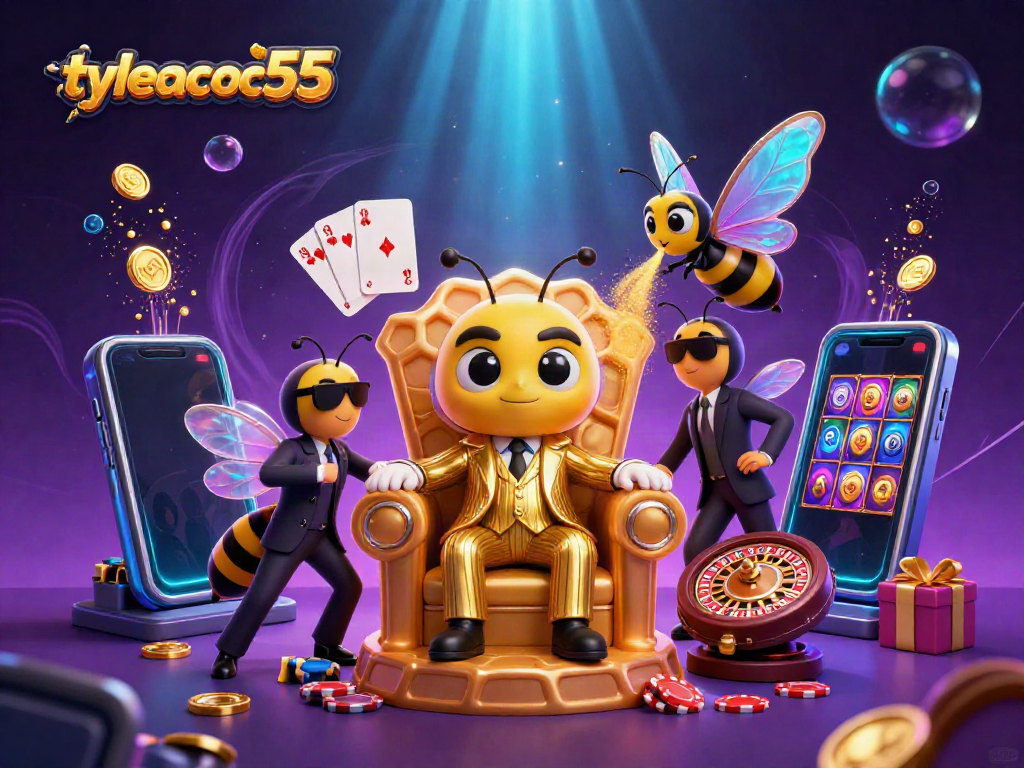 Experience exciting gambling action with tylecacuoc55 in a vibrant and dynamic casino scene featuring animated characters and slots.