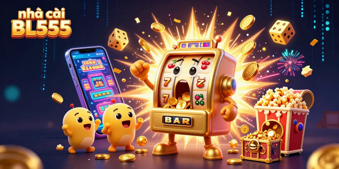 Experience excitement with nhà cái BL555 as golden slot machines celebrate jackpots and dynamic casino elements surround them.