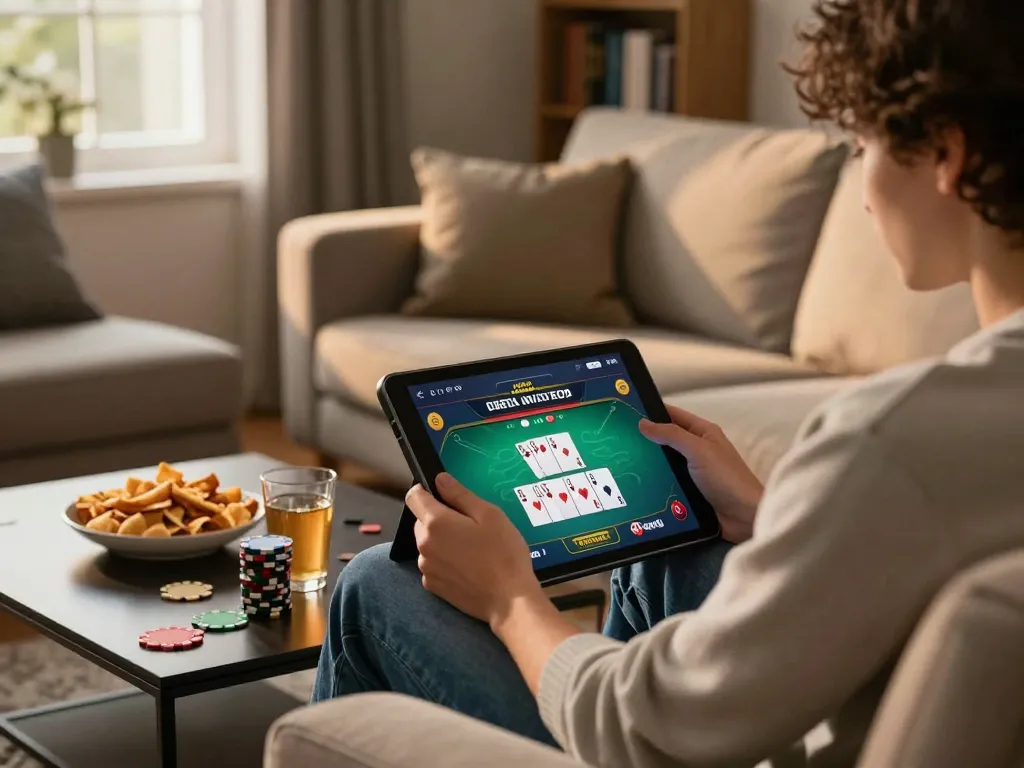 Person gambling on CM88 online casino app from a cozy home setting, showcasing strategy and relaxation.