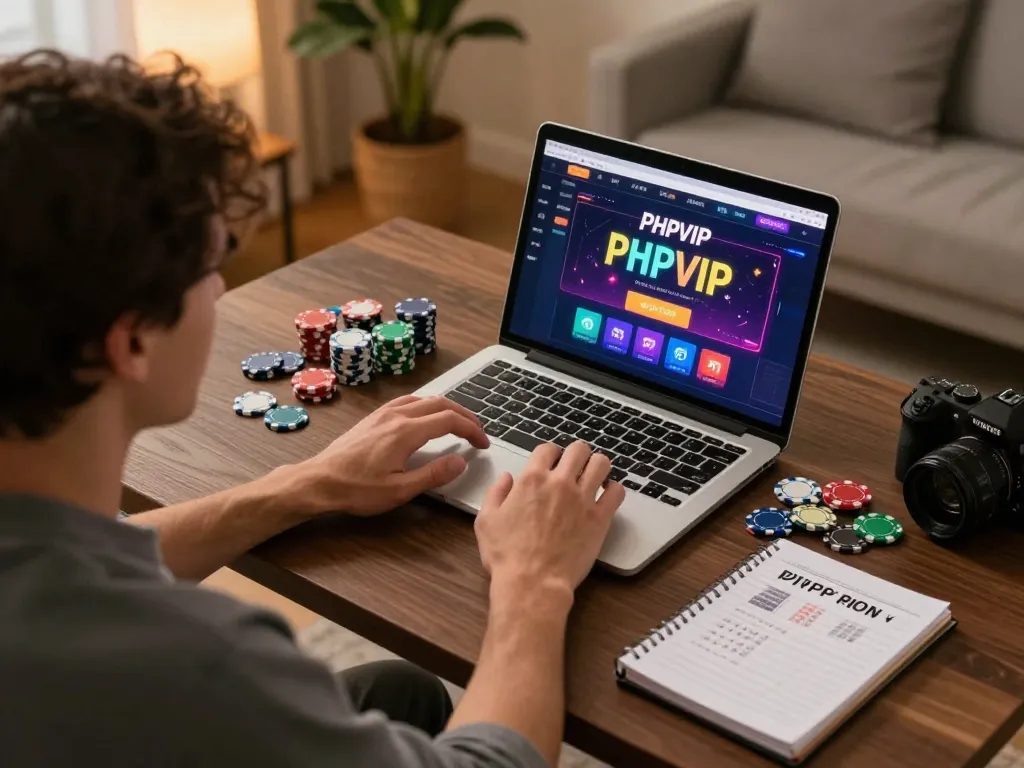 Player immersed in online PHPVIP casino experience with colorful chips and strategy notebook.