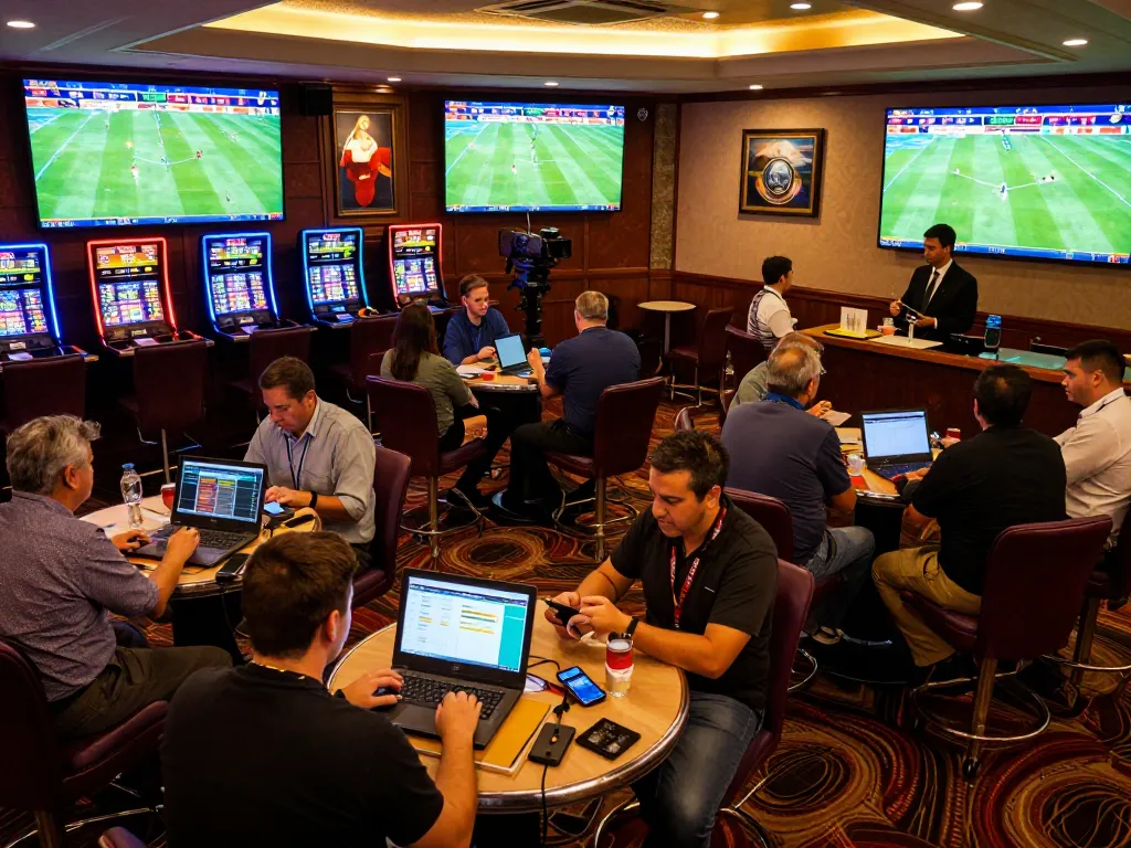 7mz sports betting area with enthusiastic bettors placing strategic wagers on live soccer matches