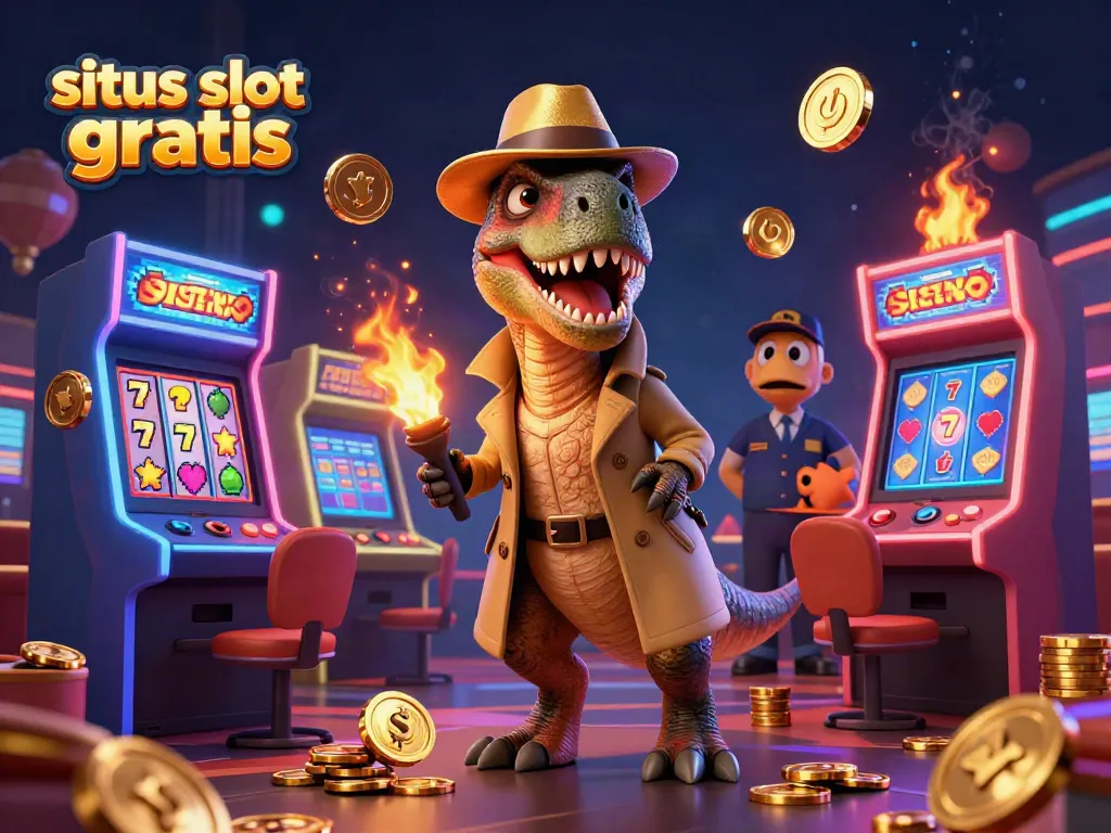 Engage with situs slot gratis amidst animated slot machines, a velociraptor card counter, and vibrant gaming elements.