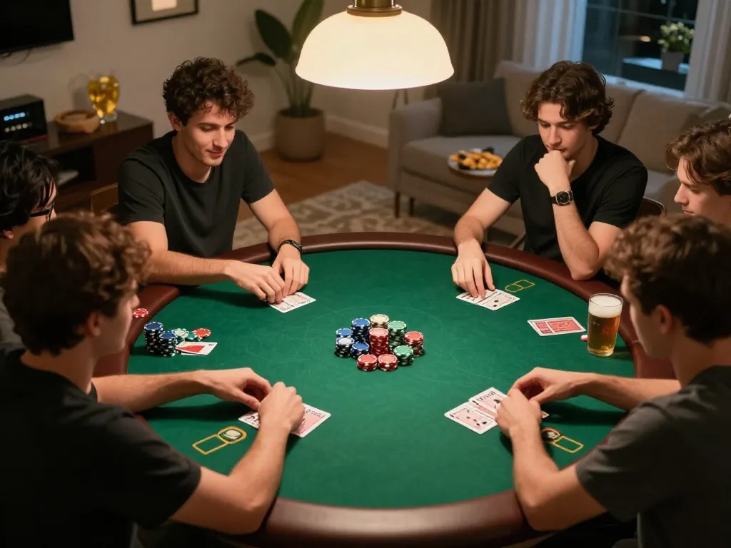 Engaged players enjoying a friendly poker night at home with MM 88 poker chips and cards