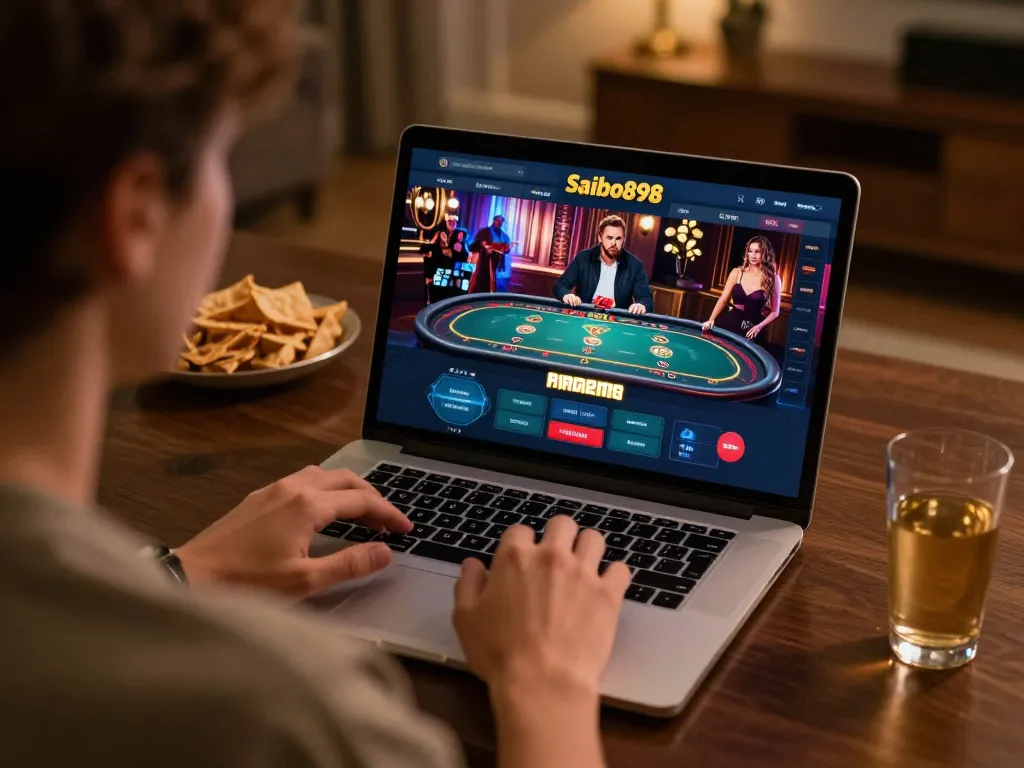 Engaging with Saibo898 Casino at home, showing strategic gameplay on a laptop with a cozy setup