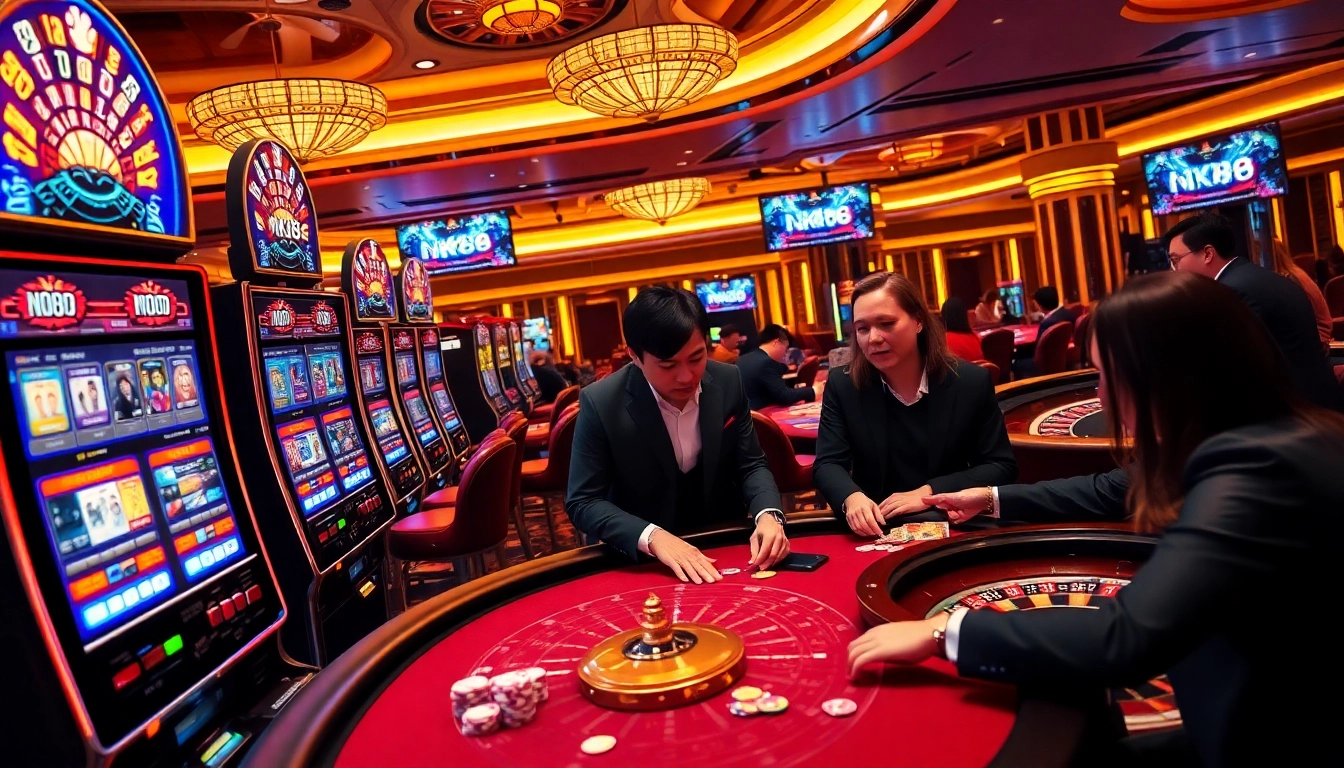 Experience thrilling gameplay at nk88 gaming tables, featuring vibrant slot machines and poker chips.