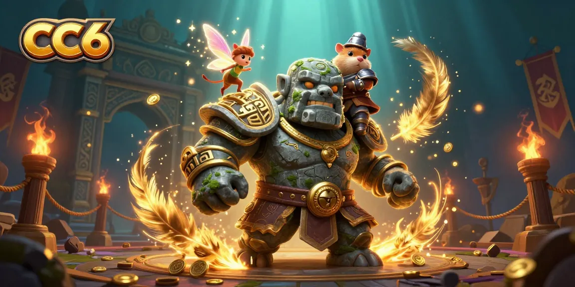 Experience thrilling gameplay at CC6 with an enchanting golem and knight in a dynamic casino atmosphere.