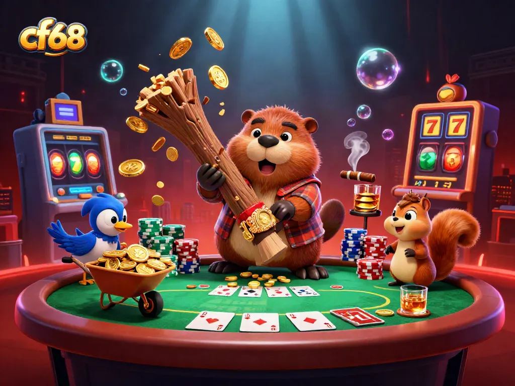 Play exciting casino games with cf68 as a beaver chops trees raining golden coins around vibrant tables.