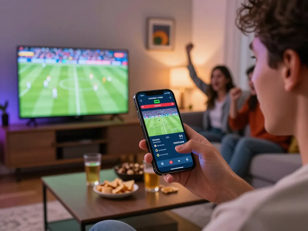 Betting on sports using OKFUN app while watching a live match in a cozy setting.