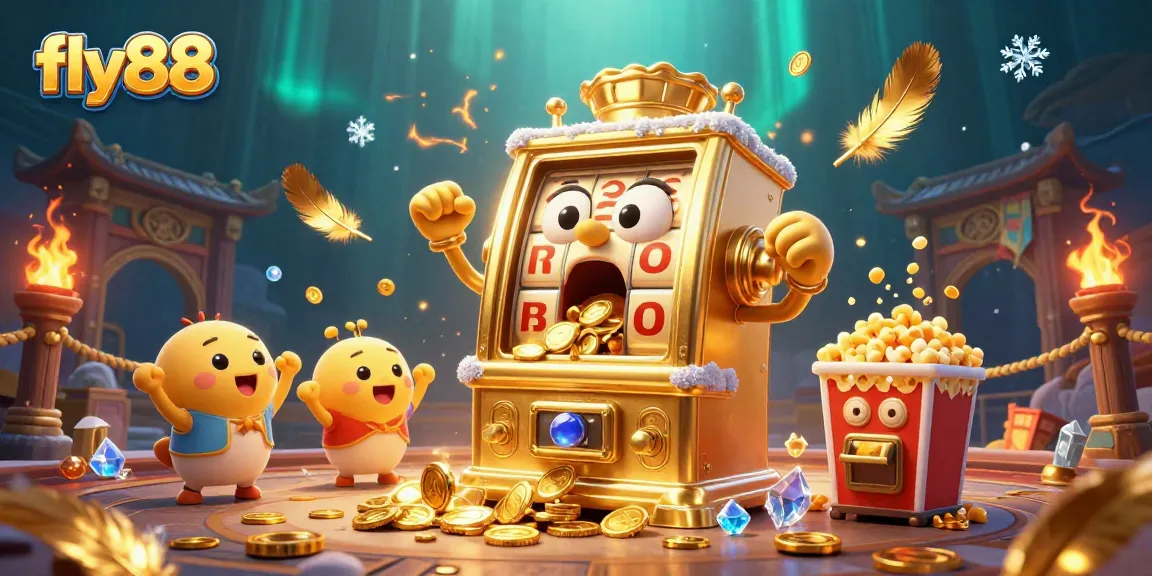 Experience the excitement of fly88 with a golden slot machine celebrating its jackpot amidst playful elements.