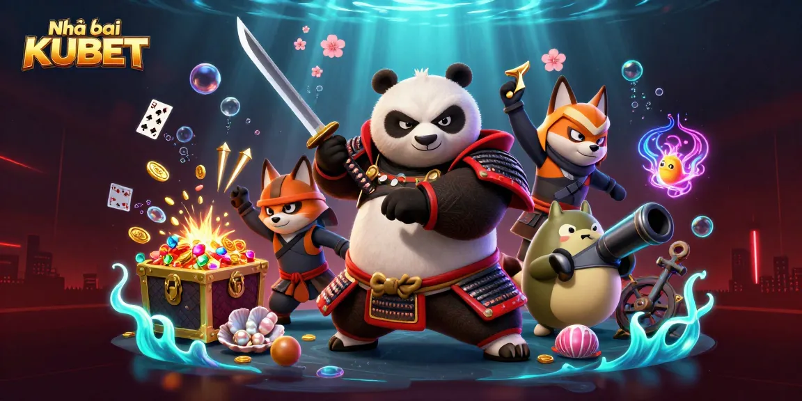 Engage with the vibrant world of Nhà cái KUBET featuring a fierce panda samurai and ninja fox in an action-packed casino scene.