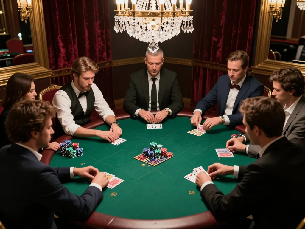 Players engaged in a strategic poker game at Nhà Cái Jun88, showcasing intense focus and luxury surroundings.