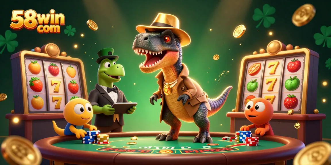 Experience thrilling slots at 58win com with a velociraptor at the casino table.