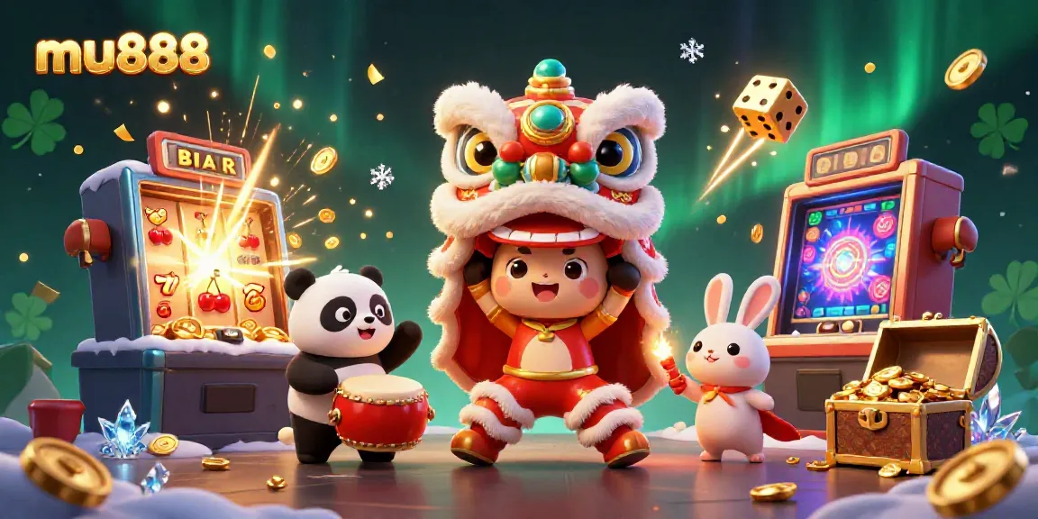 Experience thrill with mu888 at an immersive casino scene featuring lion dance and slot action!