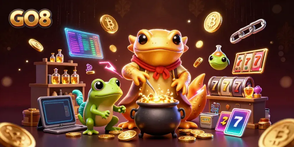 Experience the magic of GO8 in a vibrant casino-inspired fantasy scene.