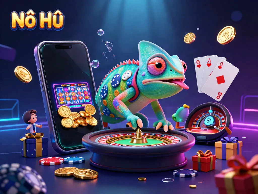Nổ Hũ chameleon casino owner catching golden coins in a vibrant casino scene.