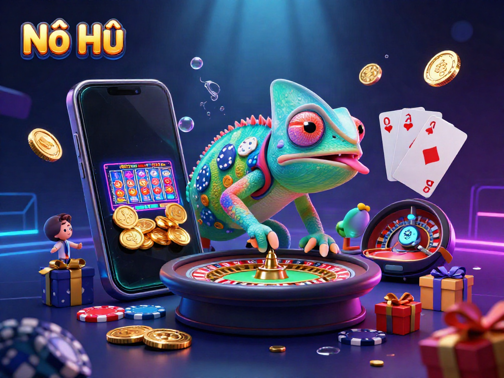 Nổ Hũ chameleon casino owner catching golden coins in a vibrant casino scene.