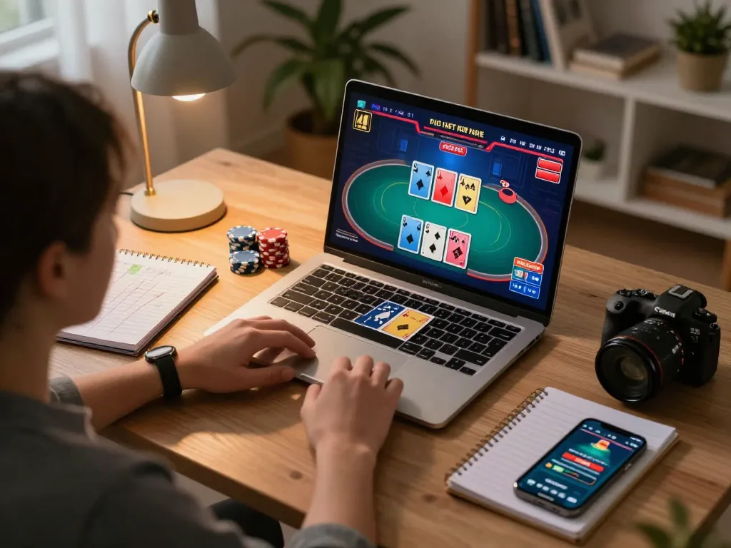 fun79 players strategizing in an intense online poker game atmosphere at home