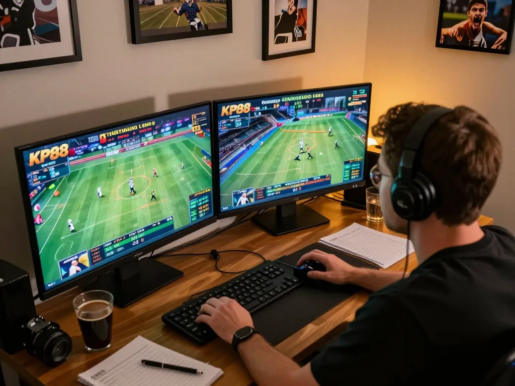Engaged KP88 user analyzing live sports betting odds on dual screens at home