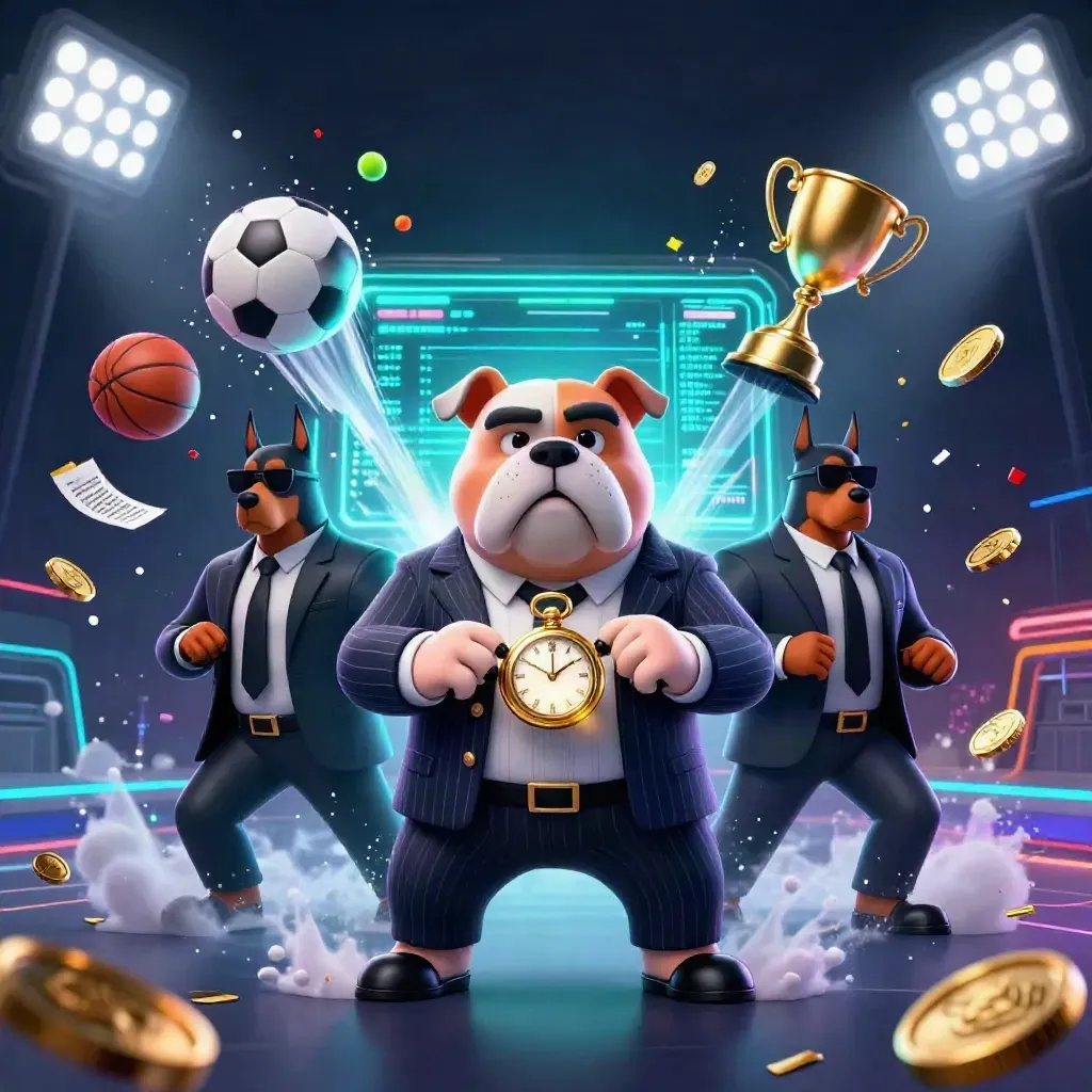 Bulldog boss and two Dobermans amid flying sports balls, coins, trophy, and neon casino lights.