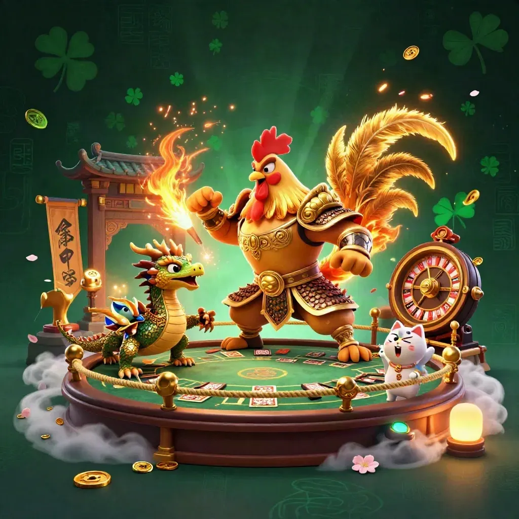 Rooster warrior, dragon hatchling and fortune cat amid gold, teal sparks, temple gate and casino props.
