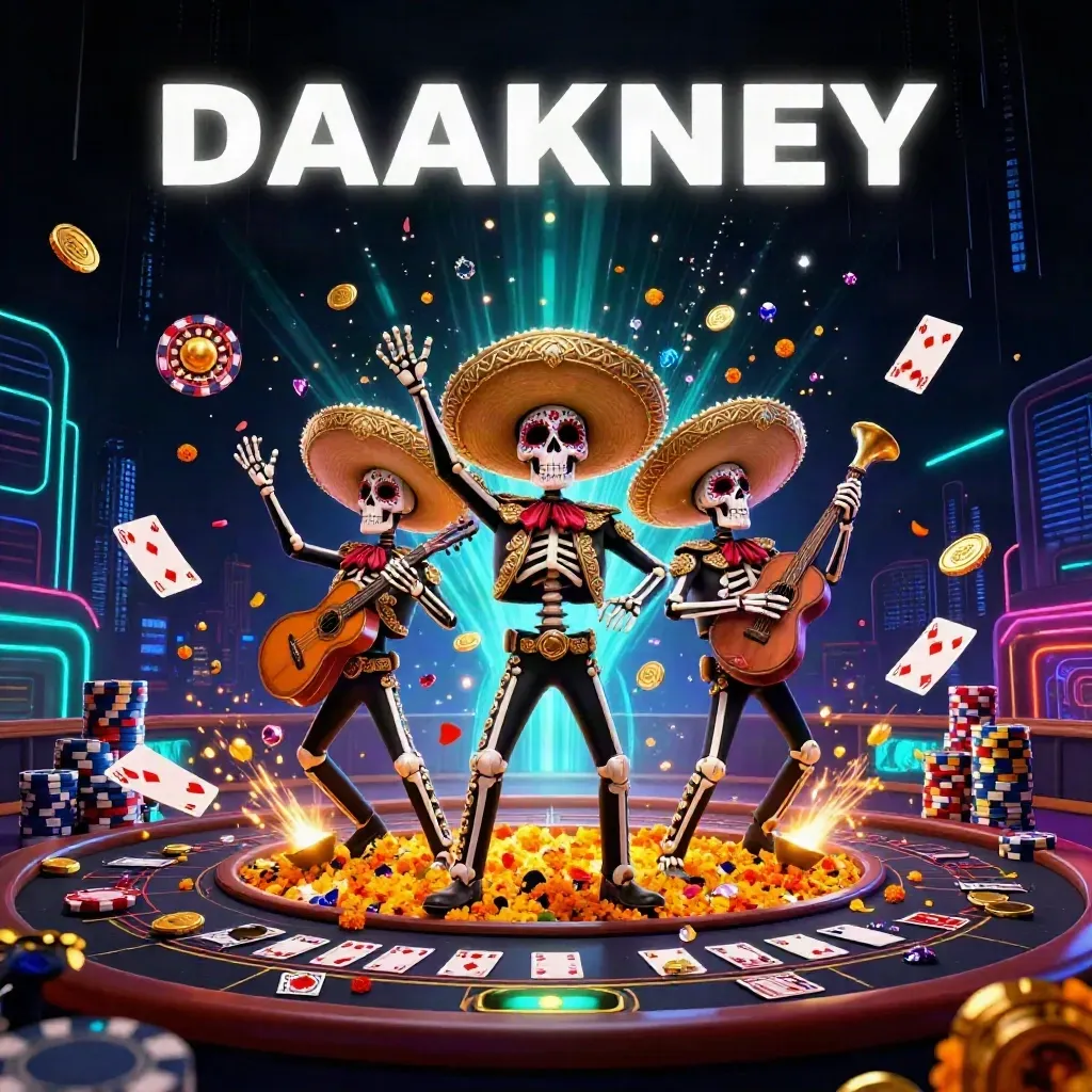 Skeleton mariachi trio amid spinning roulette, coins, cards, and neon casino energy.