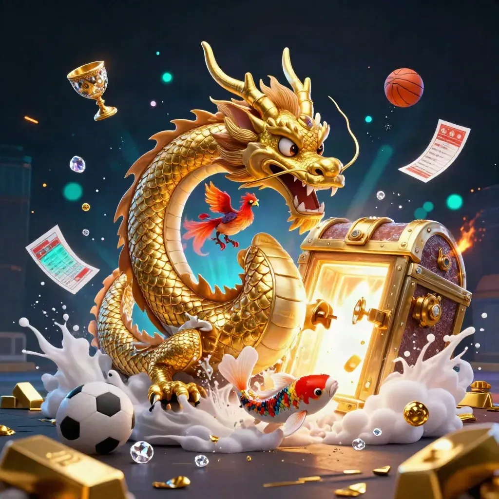 Golden dragon, phoenix, koi, and casino sports icons exploding in a premium neon key art scene.