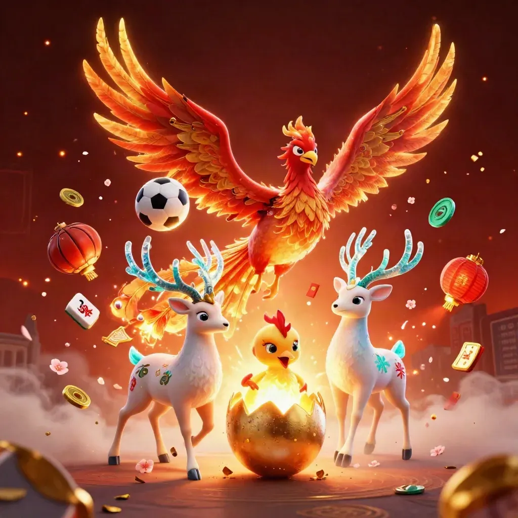 Fire phoenix, baby hatchling, and crystal stag amid casino-style sports icons