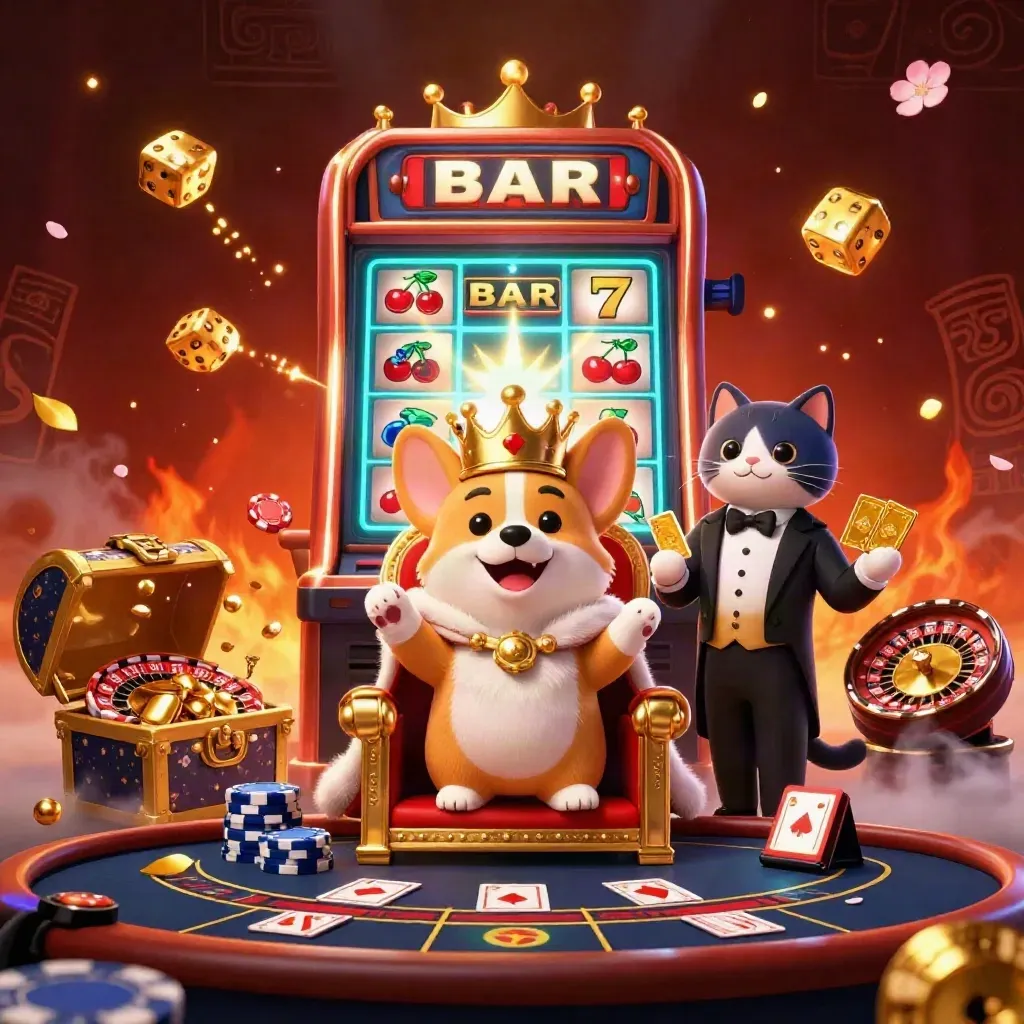 Royal corgi and cat butler amid slot bursts, dice, gold, and casino glow.