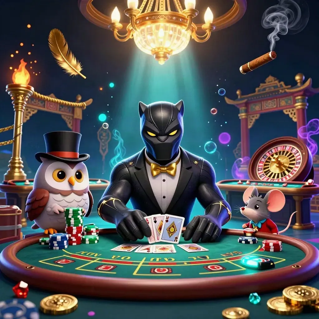 Panther, owl, and mouse in a luxe casino den with chips, cards, and glowing lights.