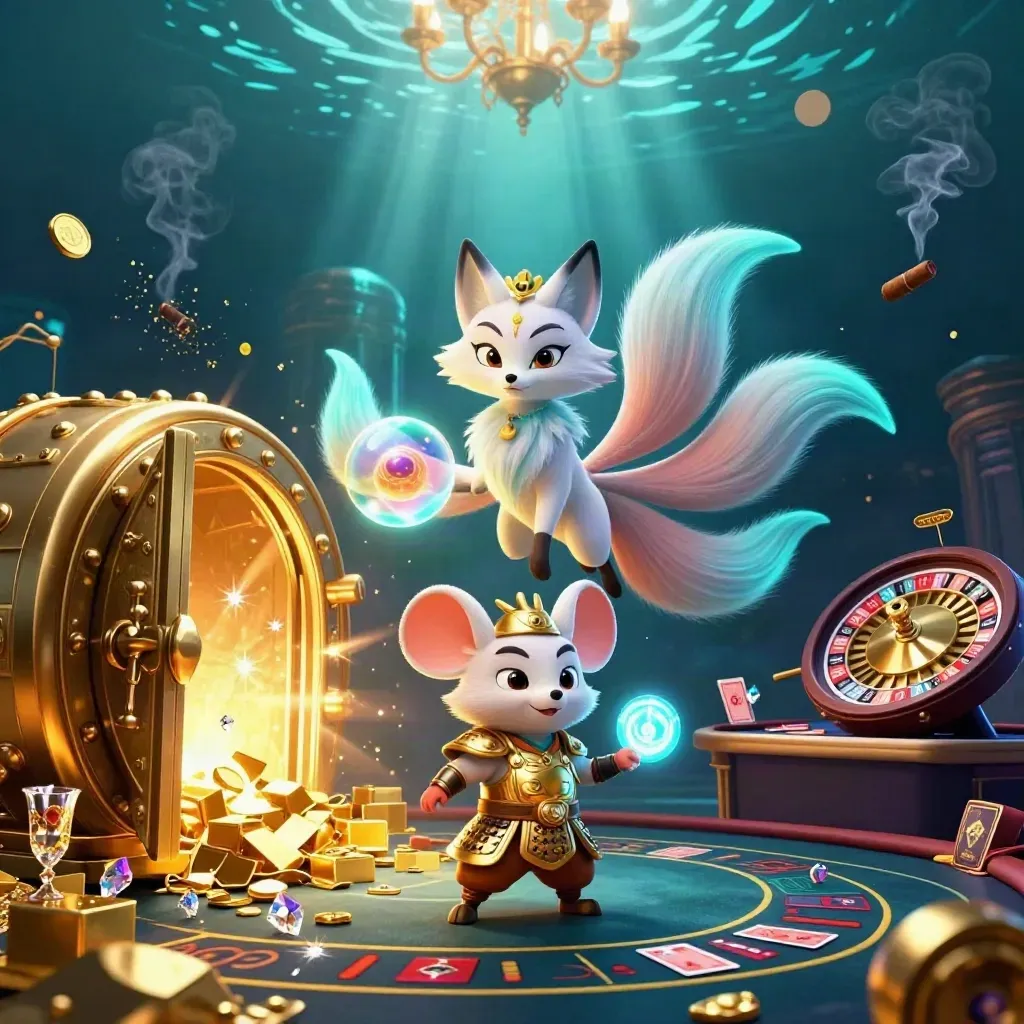 Neon fox spirit and samurai mouse amid vault gold, gems, roulette, and casino glow.