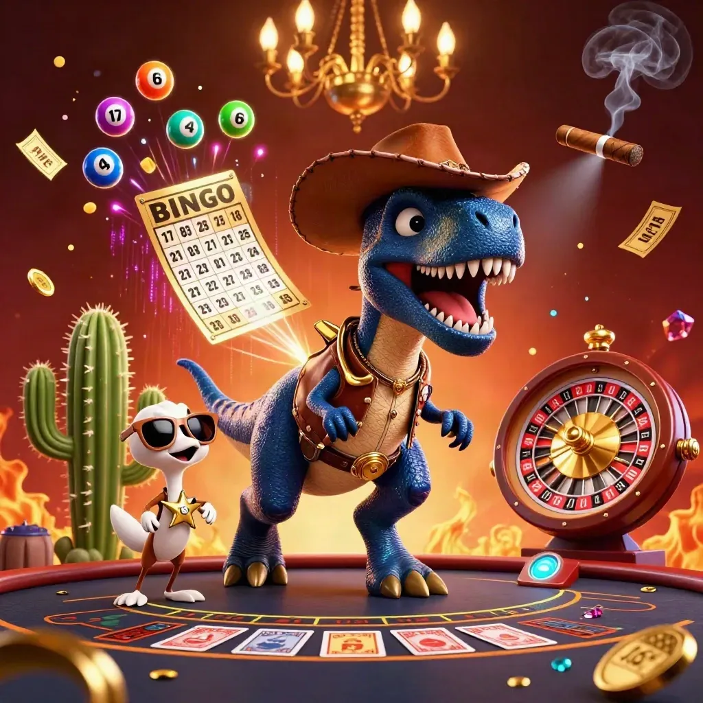 Cowboy T-Rex, cactus and roadrunner in a luxe casino blast of lights, gold, and spinning game props.