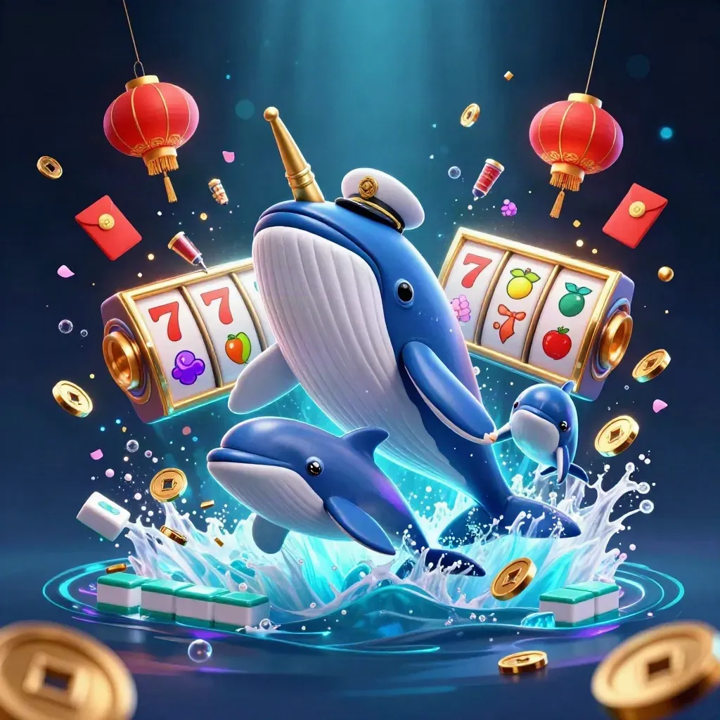 Whale captain, narwhal, and dolphins burst through coins with glowing casino treasures.
