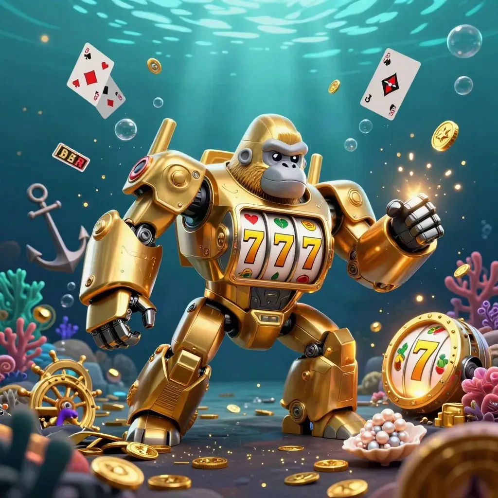 Golden gorilla mech with tiny pilot erupts in an underwater treasure cove
