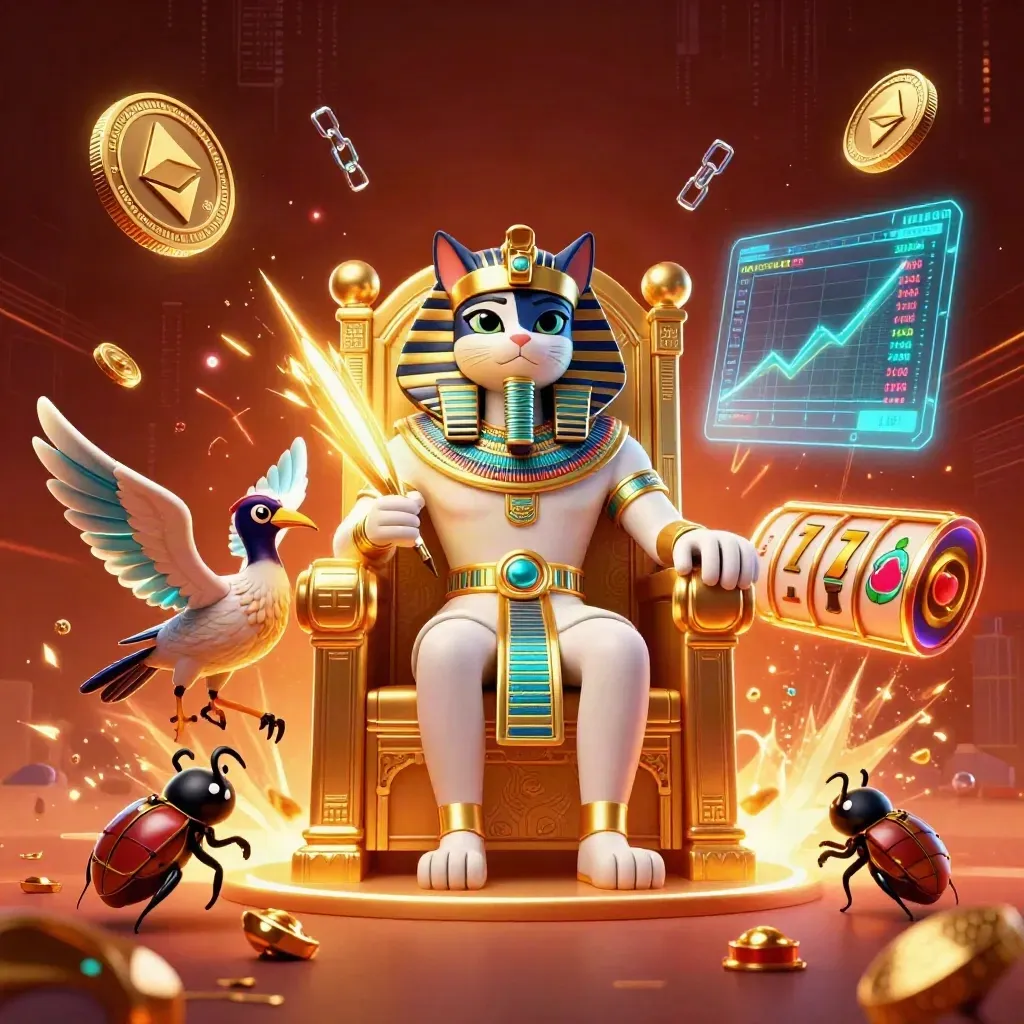 Pharaoh cat on throne with ibis scribe, scarabs, neon crypto coins, and casino loot bursting out