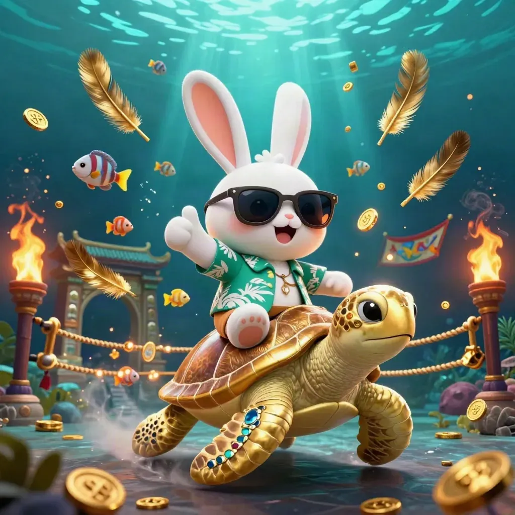 Lucky rabbit rides a jeweled sea turtle in a teal underwater treasure burst.