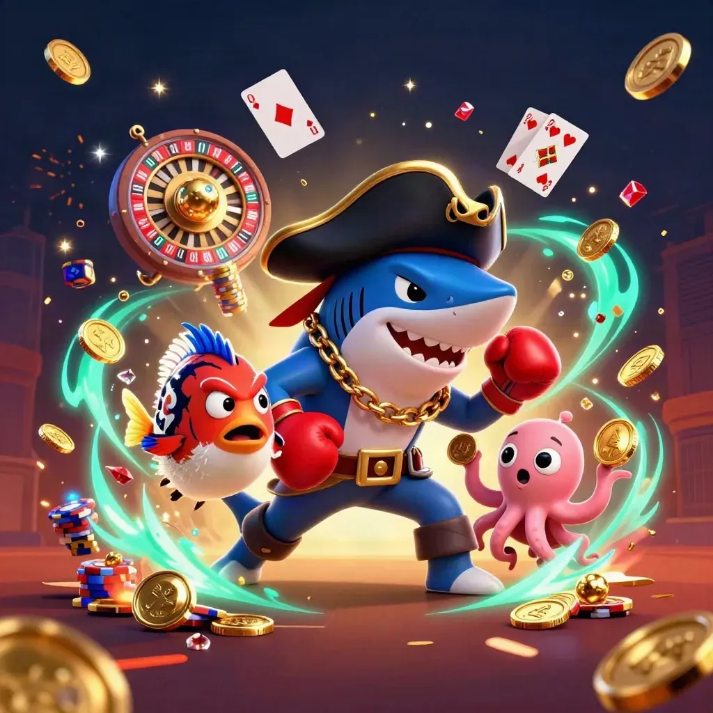 Shark pirate, boxing pufferfish, and coin-juggling octopus amid casino treasure and neon teal energy.