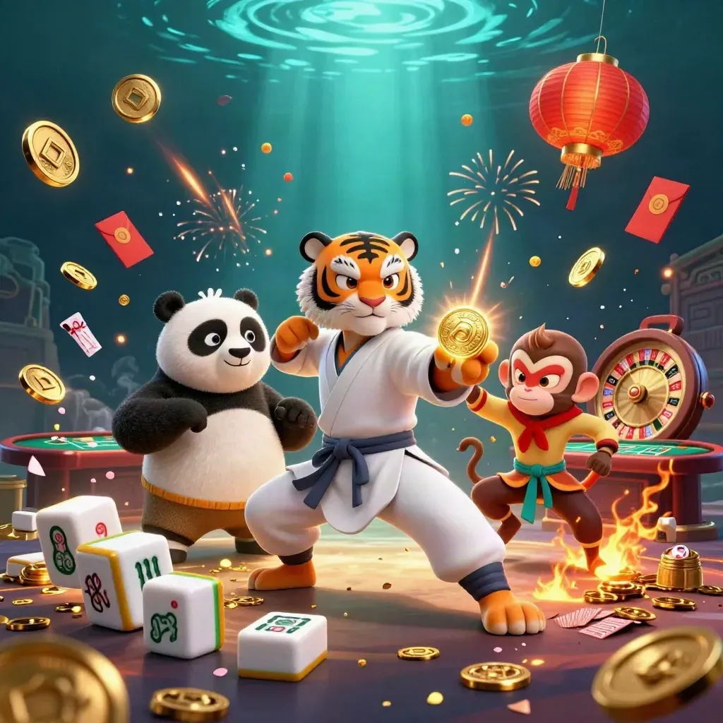 Tiger, panda, and monkey amid exploding coins, lanterns, and casino props in a premium splash scene.