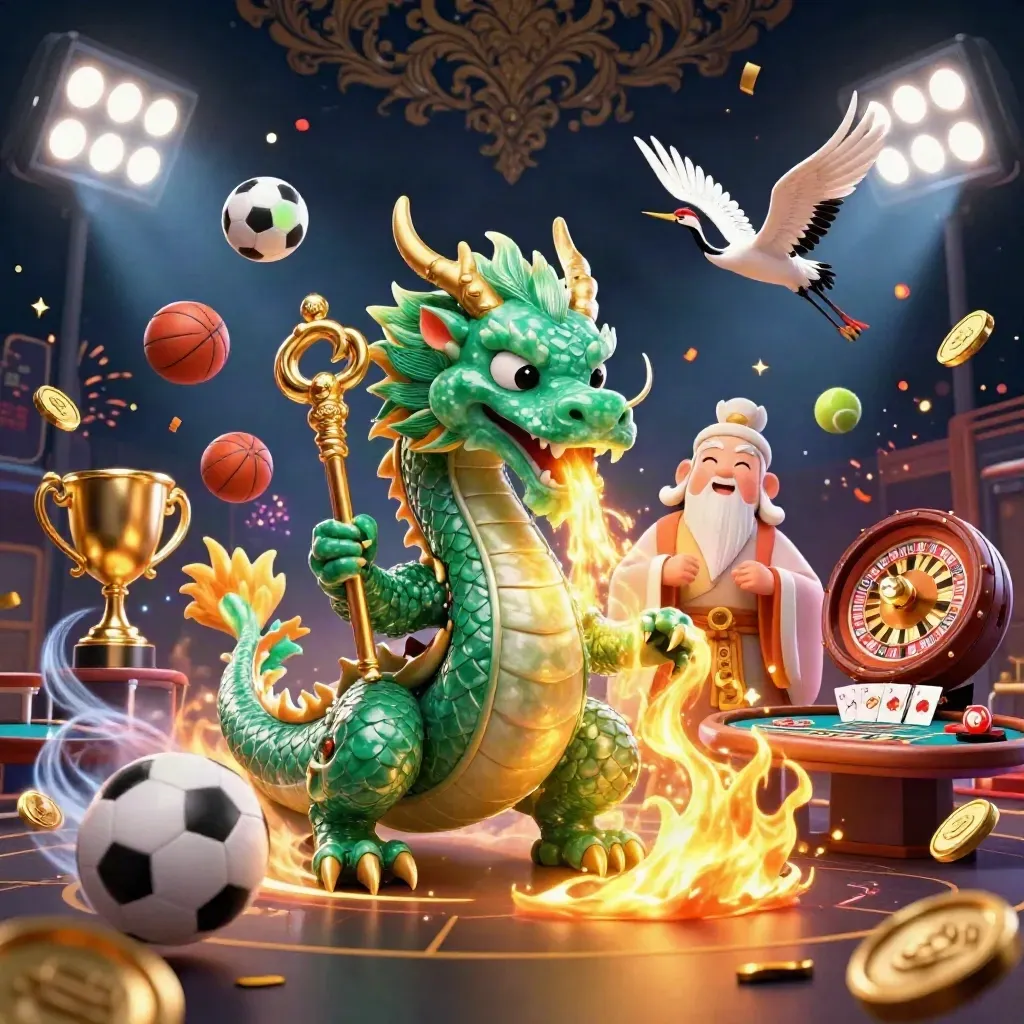 Jade dragon, turtle sage, and cranes amid casino gold, coins, fireworks, and sports balls.