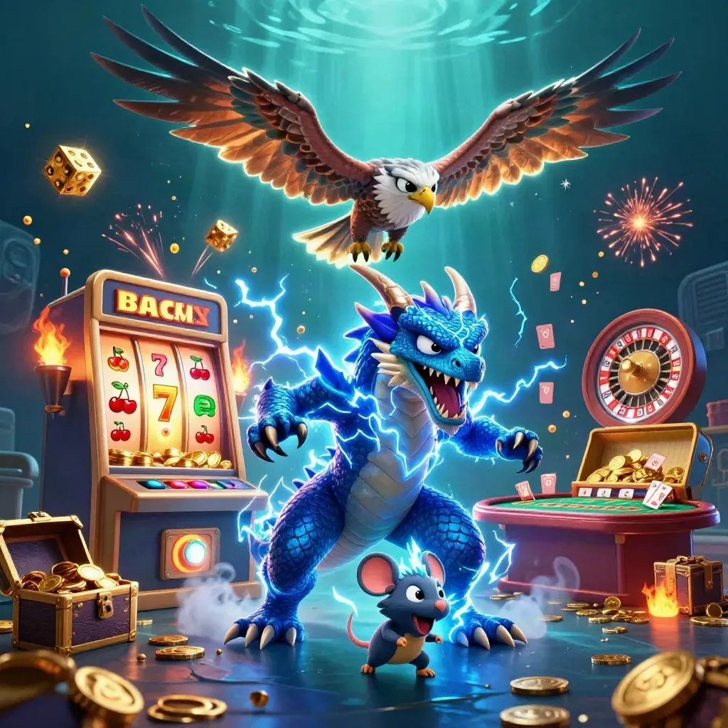Thunder dragon, wind hawk, and static mouse amid casino symbols, coins, chest, and fireworks.