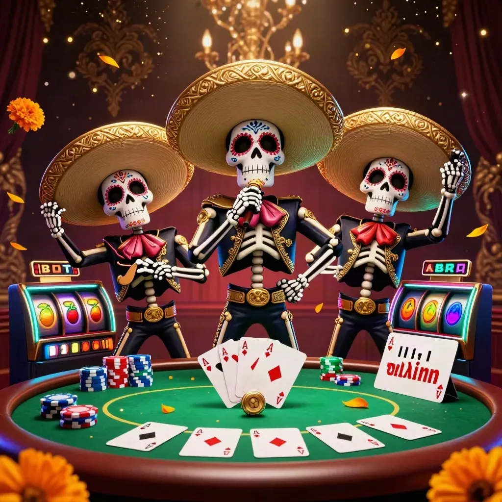 Skeleton mariachi trio amid casino chips, aces, reels, and glowing gold lights
