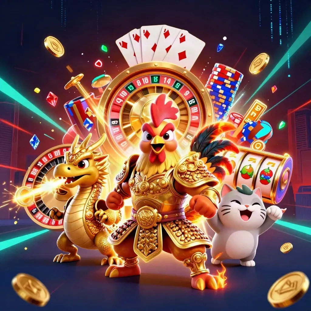 Rooster warrior, dragon hatchling and fortune-cat burst with casino effects on a dark luxe backdrop.