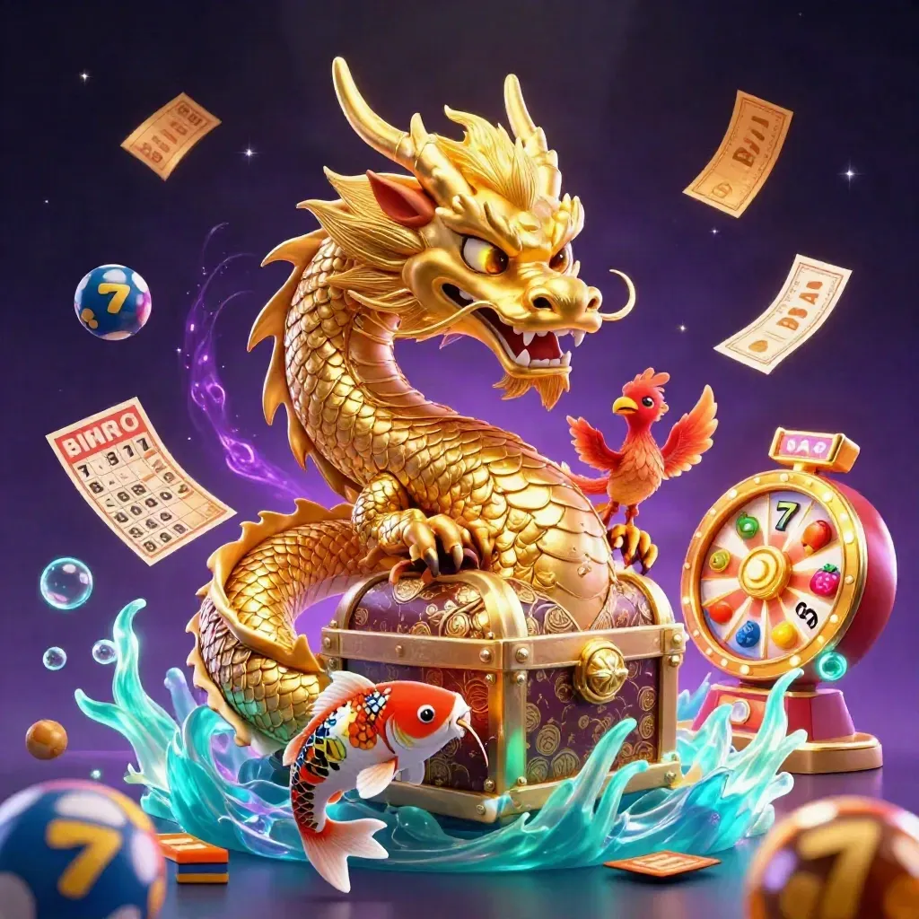 Golden dragon with phoenix and koi amid casino symbols on a purple cosmic backdrop.