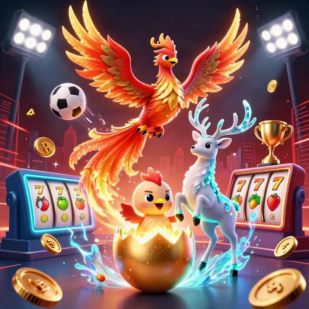 Fire phoenix, baby phoenix, and crystal stag amid casino reels, coins, and neon lights.
