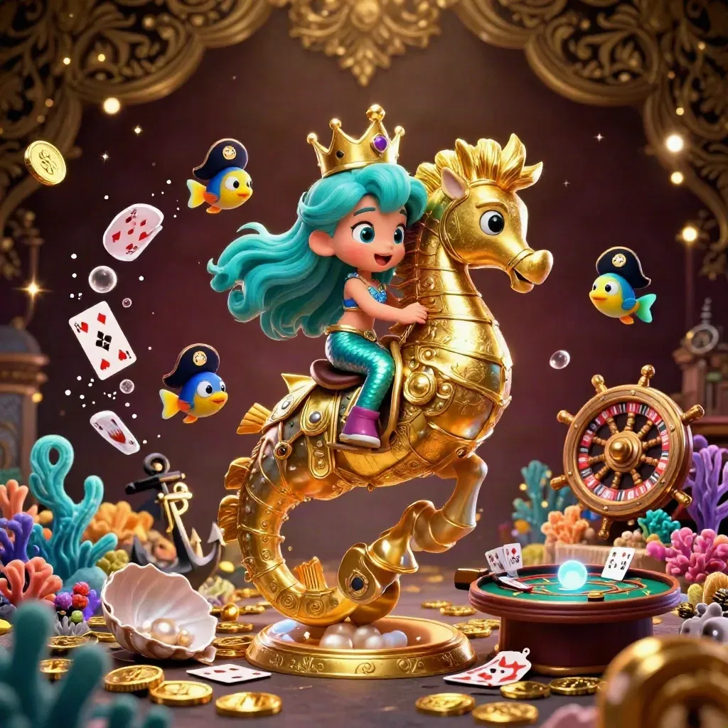 Mermaid princess rides a golden seahorse amid casino treasure, fish, and glowing underwater lights.