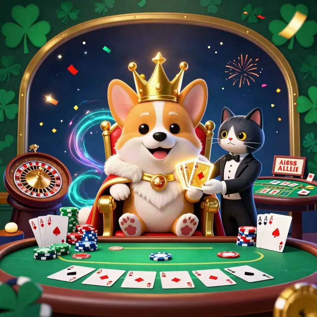 Royal corgi and cat butler amid chips, cards, roulette glow, gold sparks and teal casino lighting.
