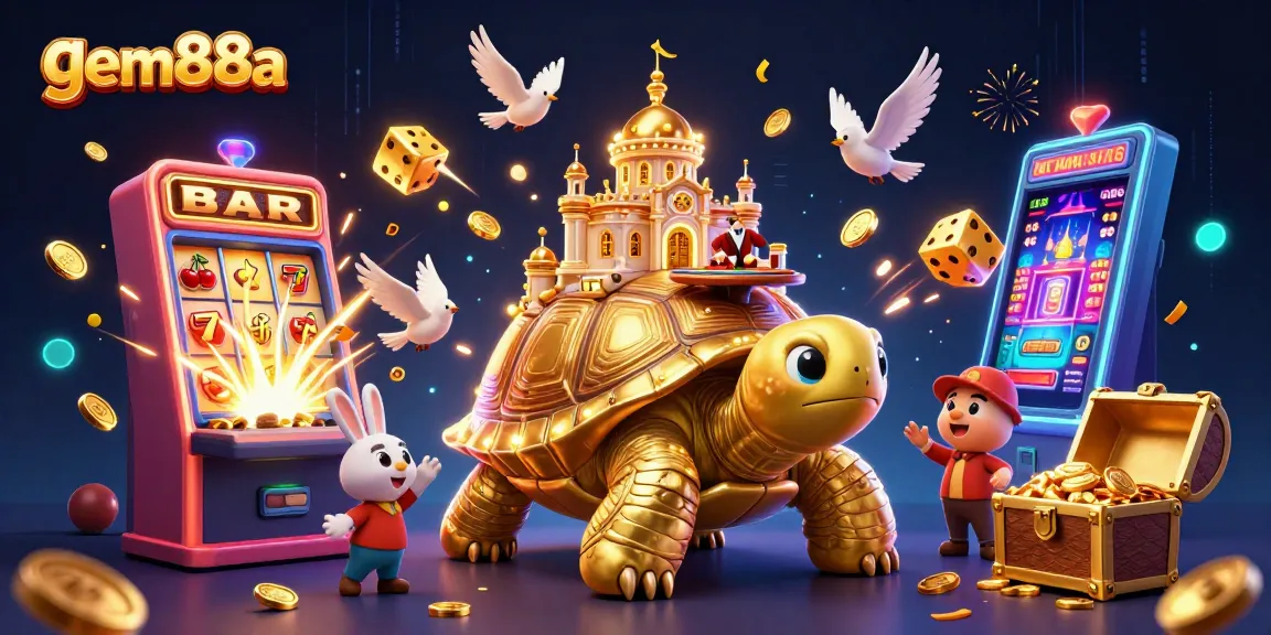 Experience gem88a's vibrant gaming scene with a golden tortoise casino, an engaging rabbit dealer, and golden coin action.